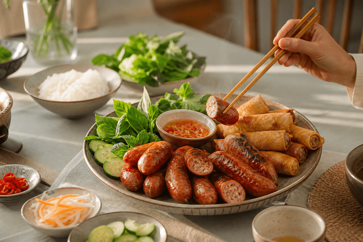 Bữa cơm gia đình với lạp xưởng và chả giò